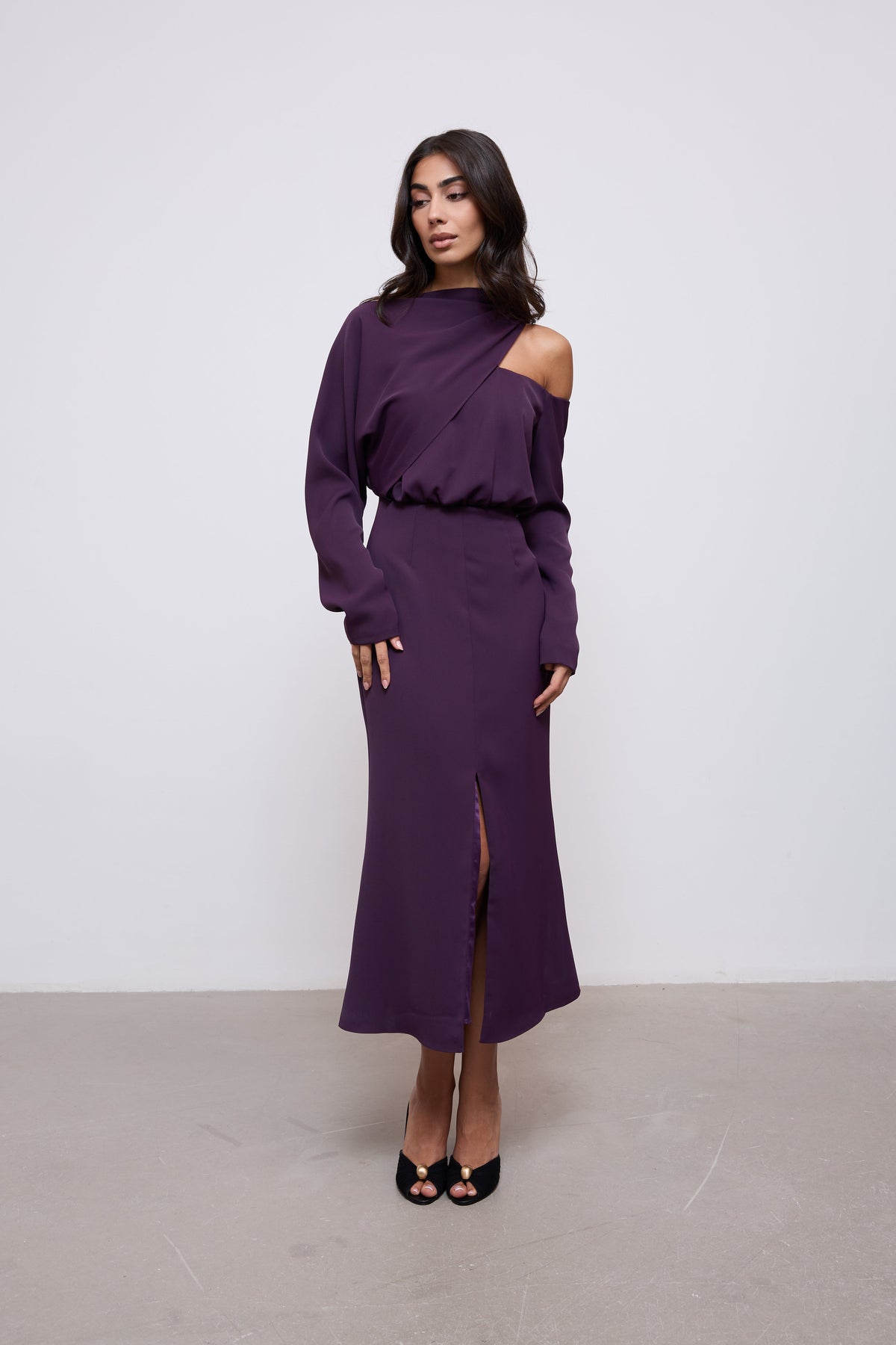 Draped One Shoulder Midi Dress
