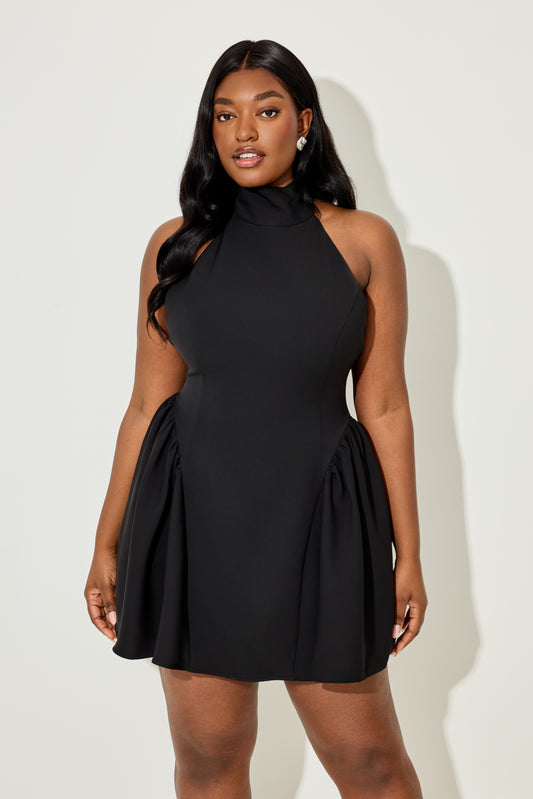 Tie Neck Gathered Detail Mini Dress