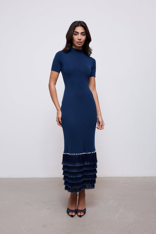 Knitted Fringe Detail Midi Dress