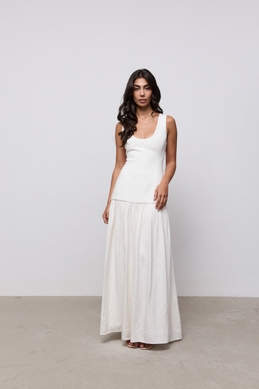 Linen Mix Dropped Waist Maxi Dress