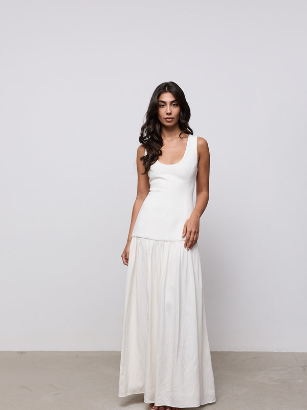 Linen Mix Dropped Waist Maxi Dress
