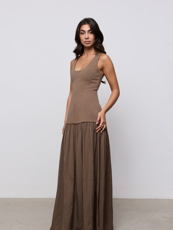Linen Mix Dropped Waist Maxi Dress