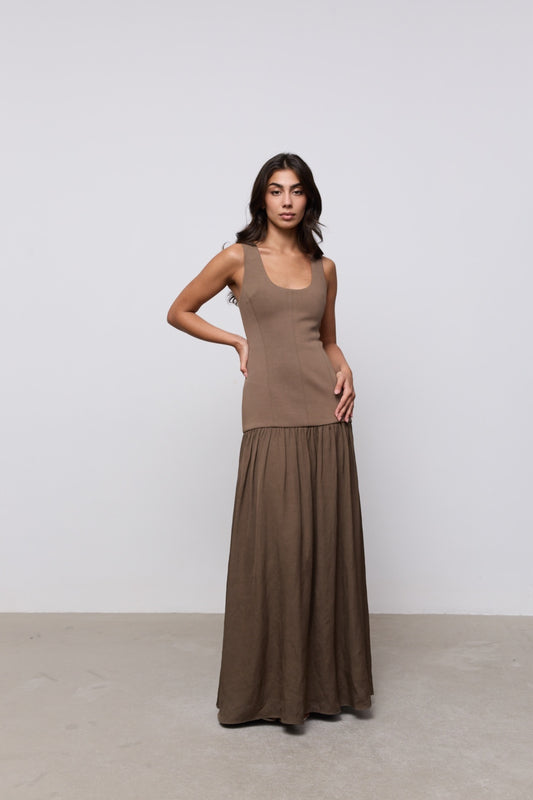 Linen Mix Dropped Waist Maxi Dress