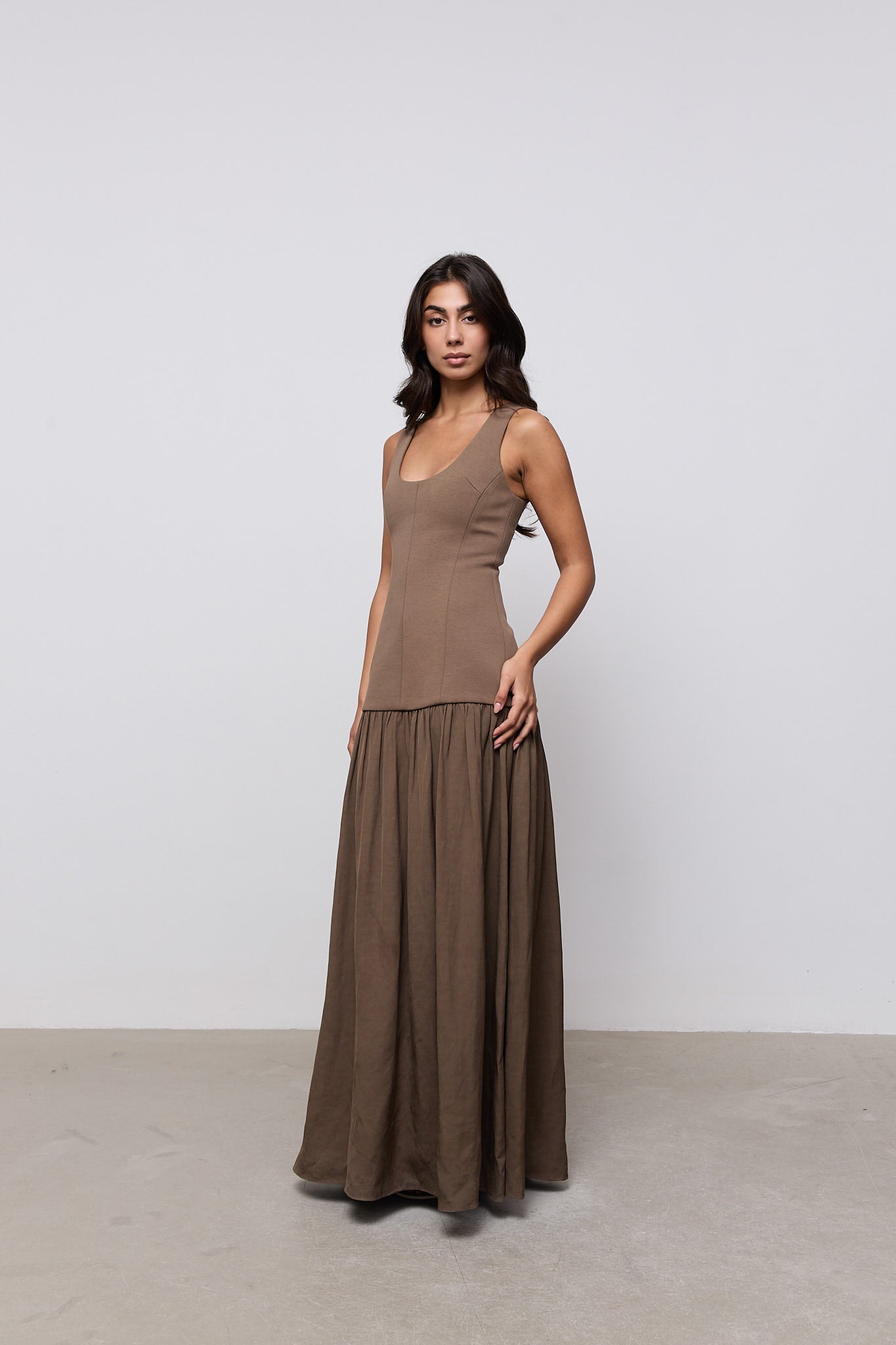 Linen Mix Dropped Waist Maxi Dress