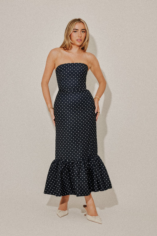 Strapless Peplum Midi Dress