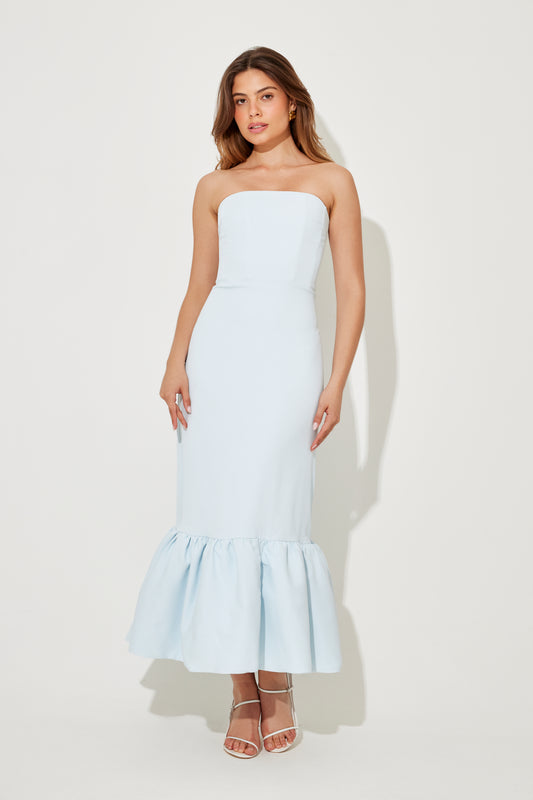 Strapless Peplum Hem Midi Dress