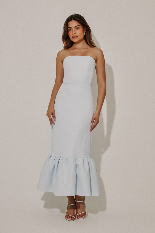 Strapless Peplum Midi Dress