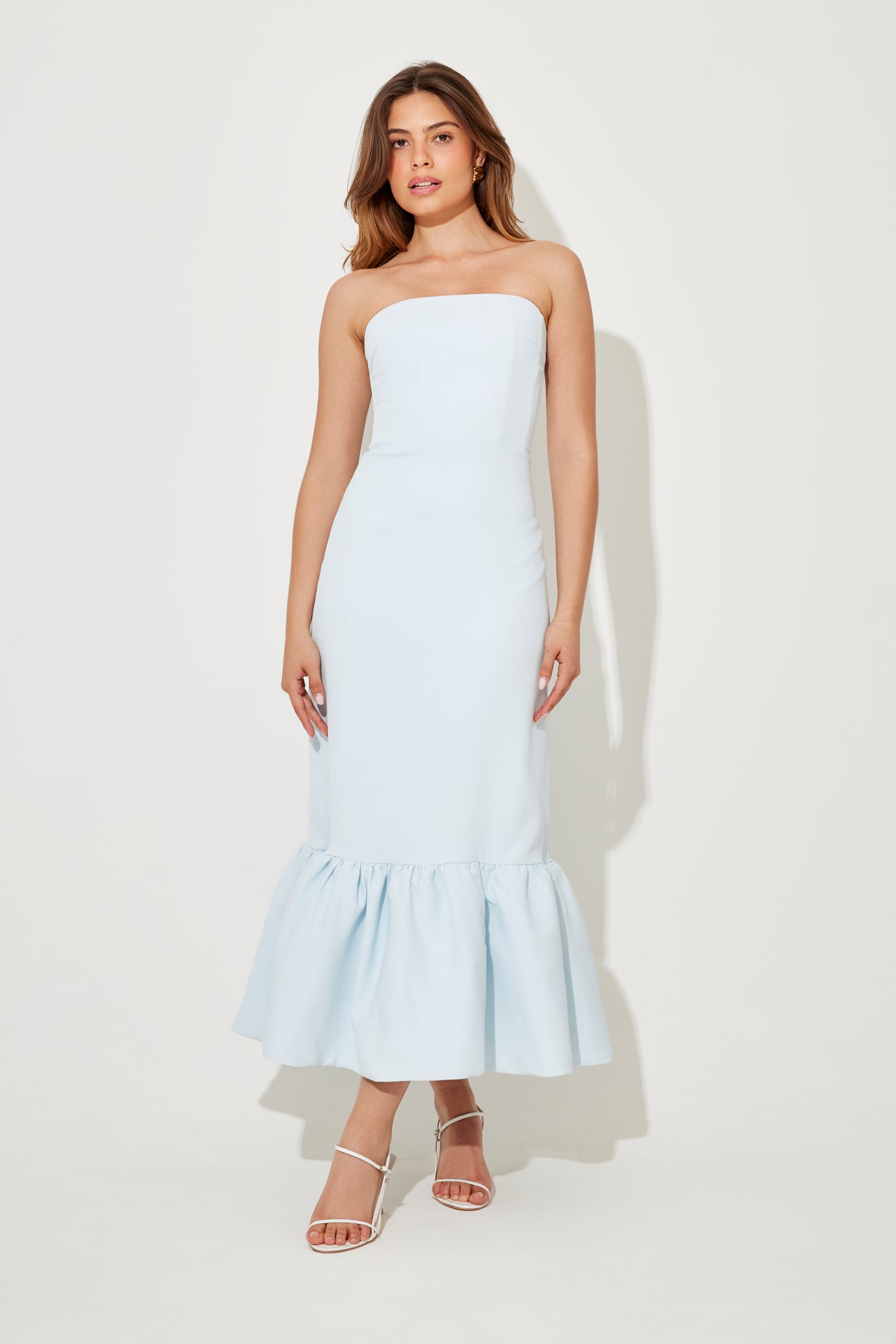 Strapless Peplum Hem Midi Dress