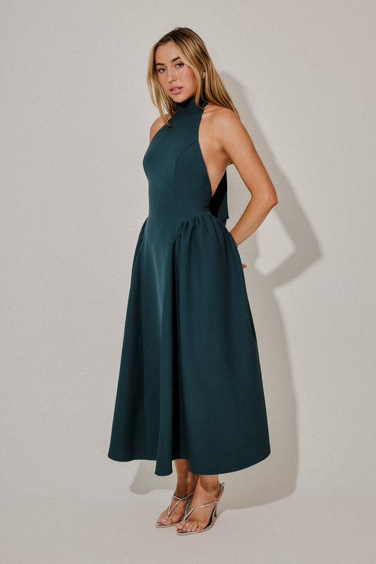 Tie Neck Gathered Midi Dress