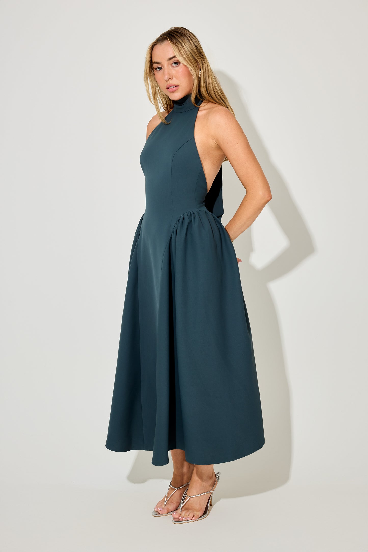Tie Neck Gathered Detail Midi Dress