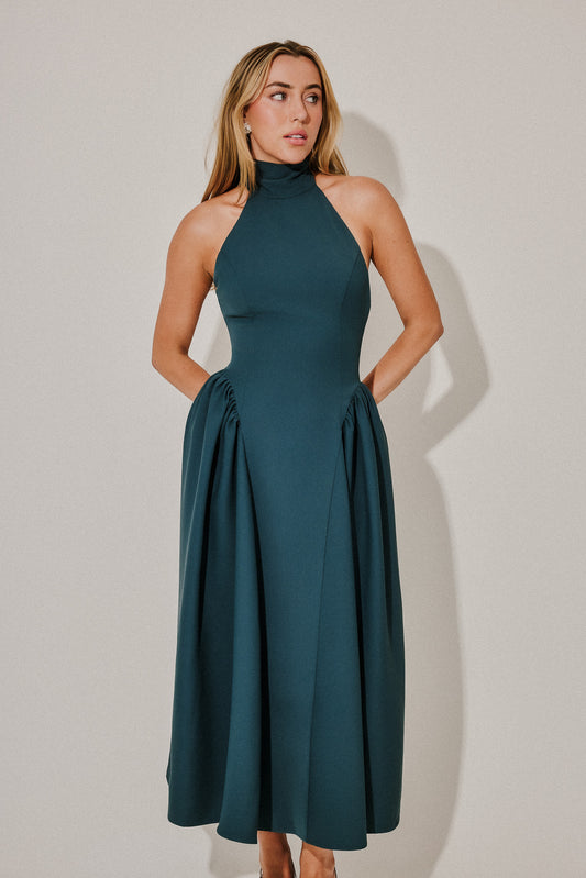 Tie Neck Gathered Midi Dress