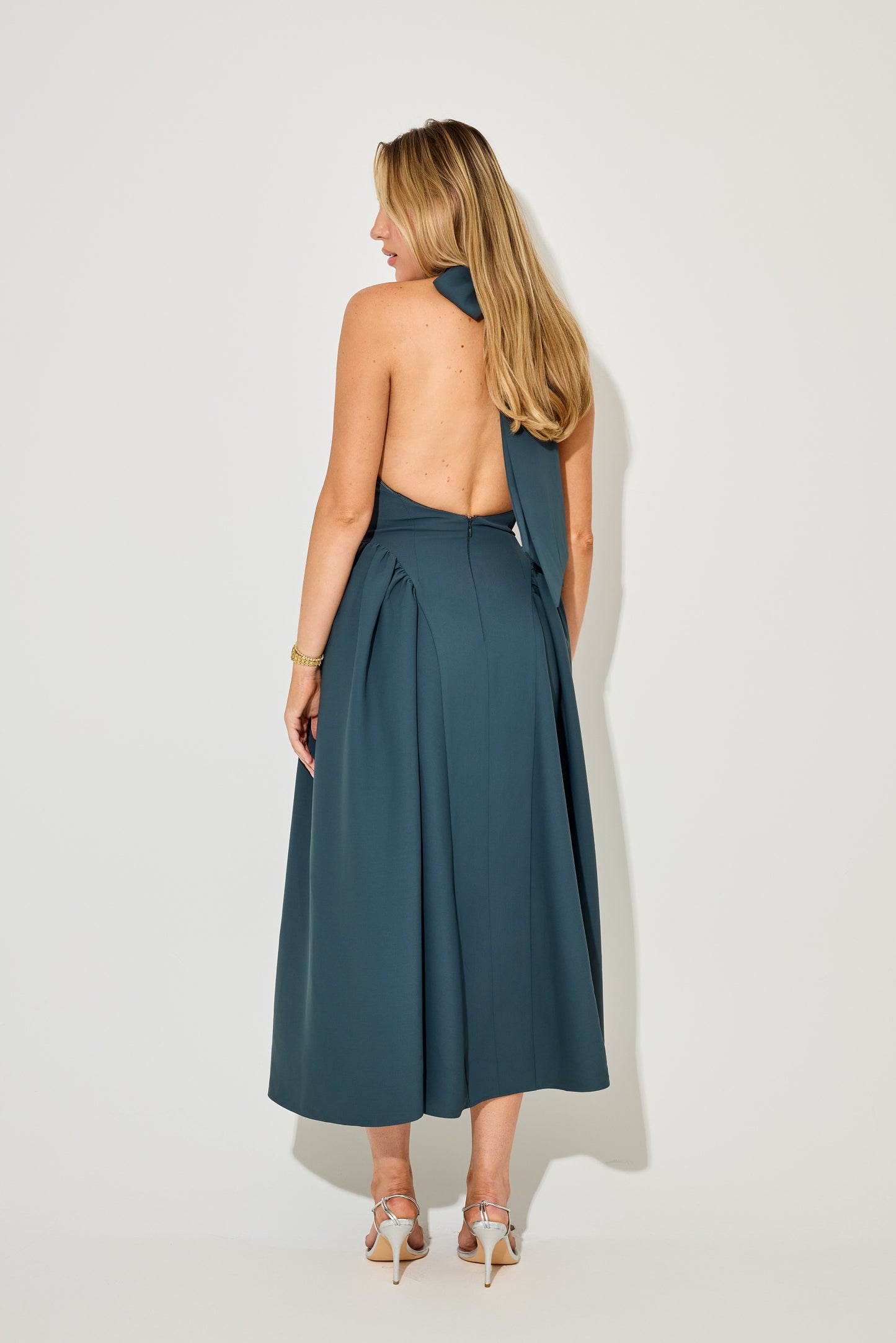 Tie Neck Gathered Detail Midi Dress