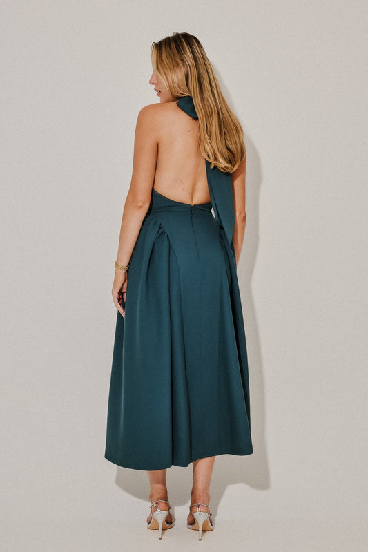 Tie Neck Gathered Midi Dress