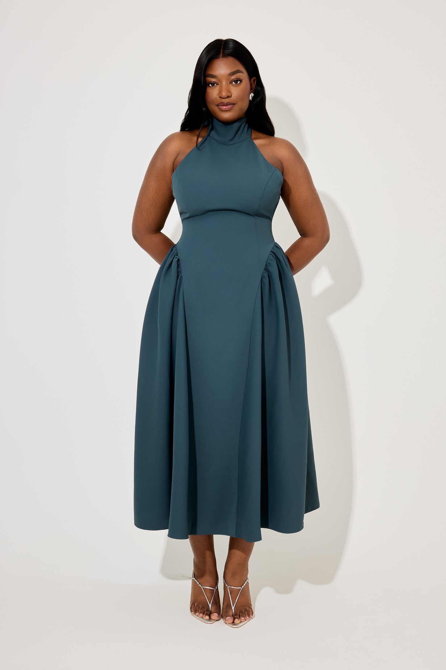 Tie Neck Gathered Detail Midi Dress