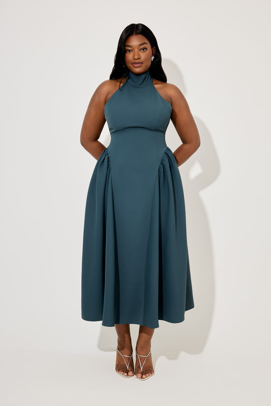 Tie Neck Gathered Midi Dress