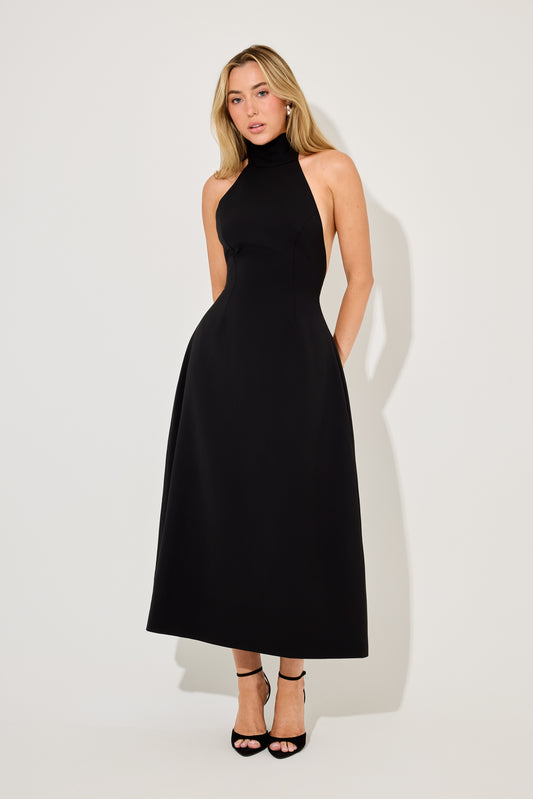 Tie Neck Volume Skirt Midi Dress