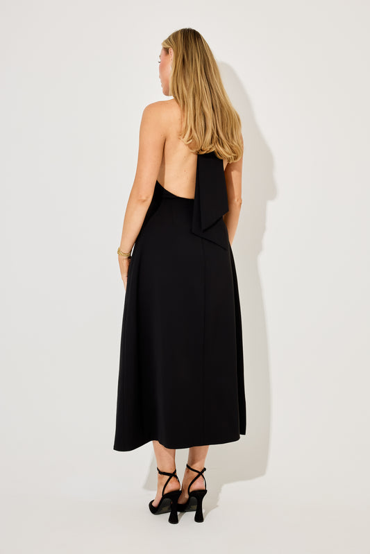Tie Neck Volume Skirt Midi Dress