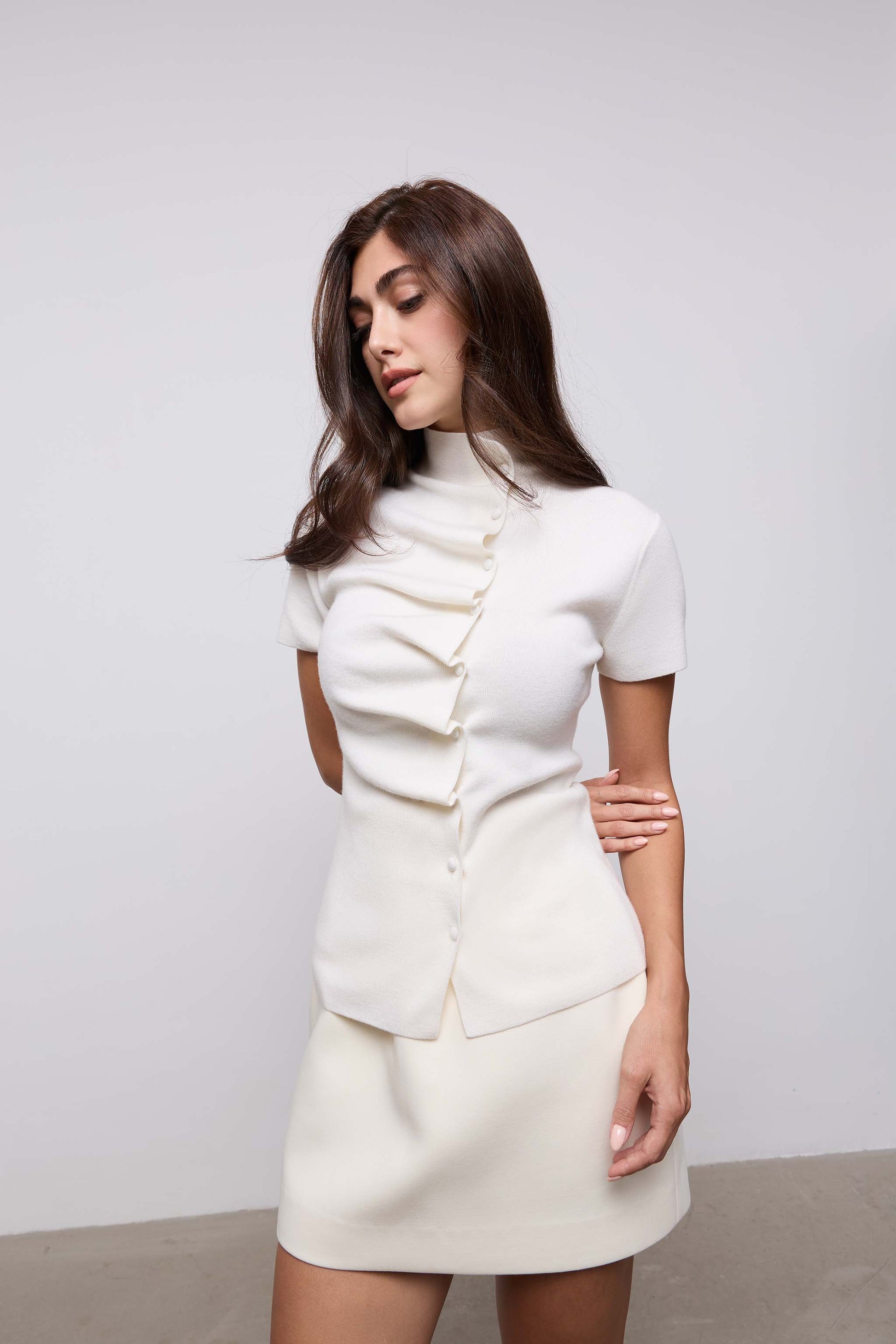 Wool Pleated Cap Sleeve Top