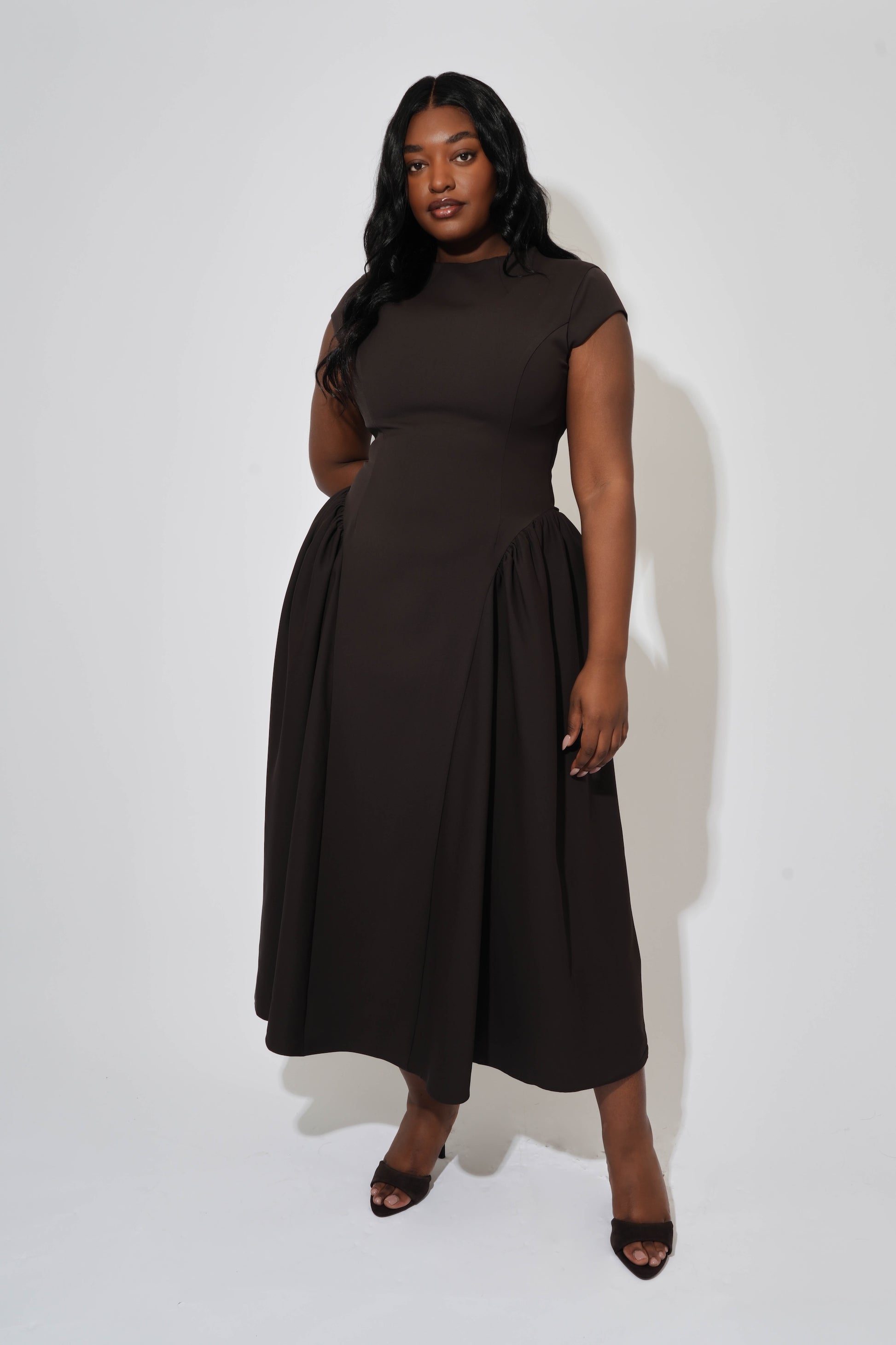 dark brown midi dress with sleeves Petal and Pup Women's Darby Long Sleeve Midi Dress