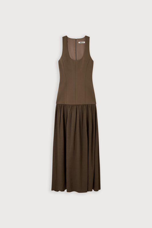 Linen Mix Dropped Waist Maxi Dress