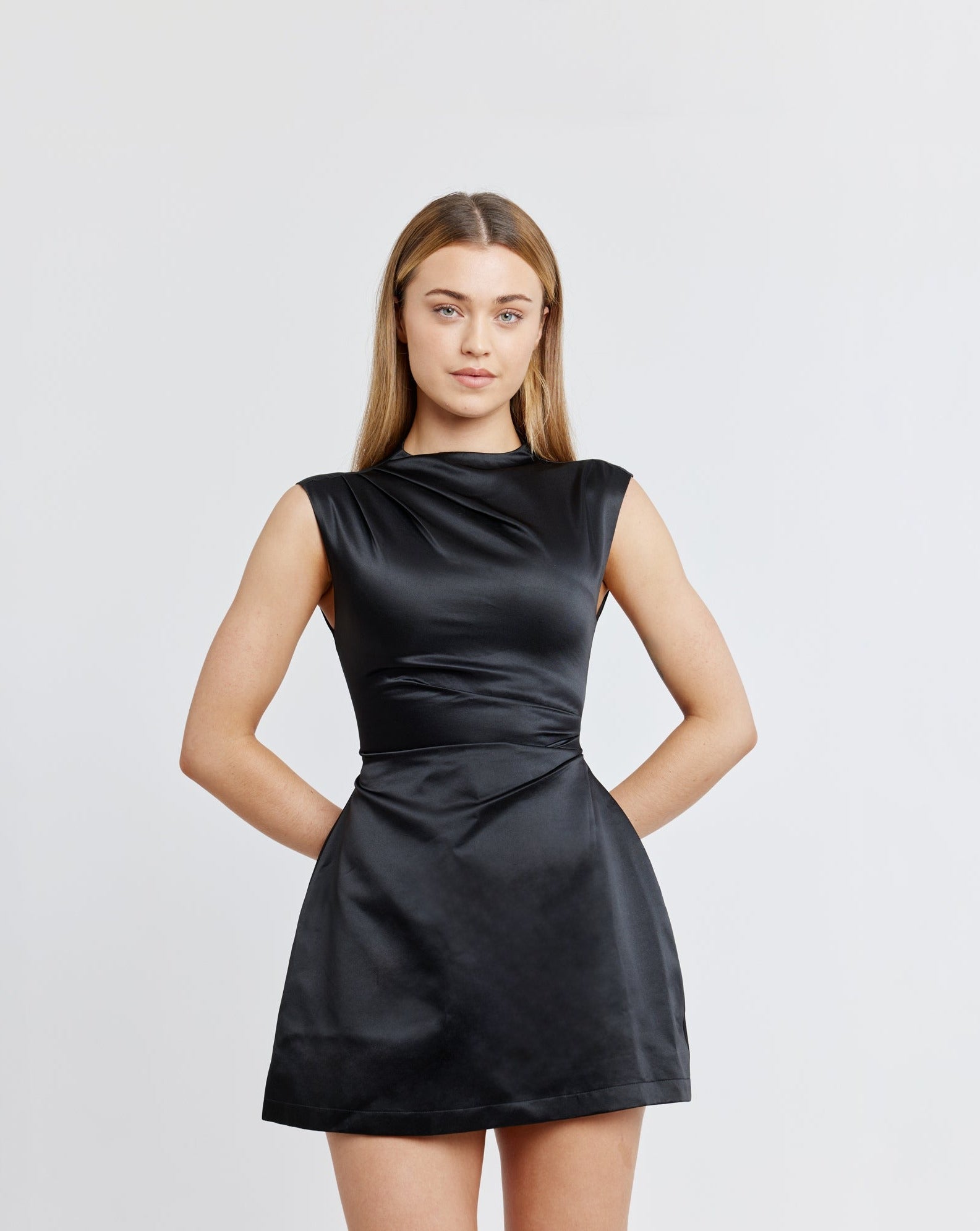 The Ultimate Muse Satin Straight Neck Mini Dress | Black