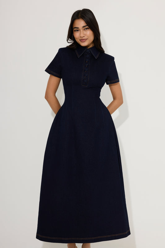 Cotton Mix Denim Collared Midi Dress