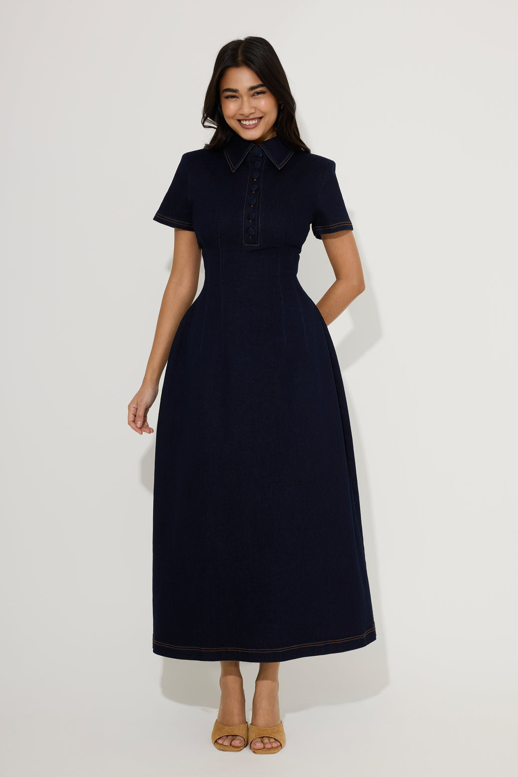 Cotton Mix Denim Collared Midi Dress