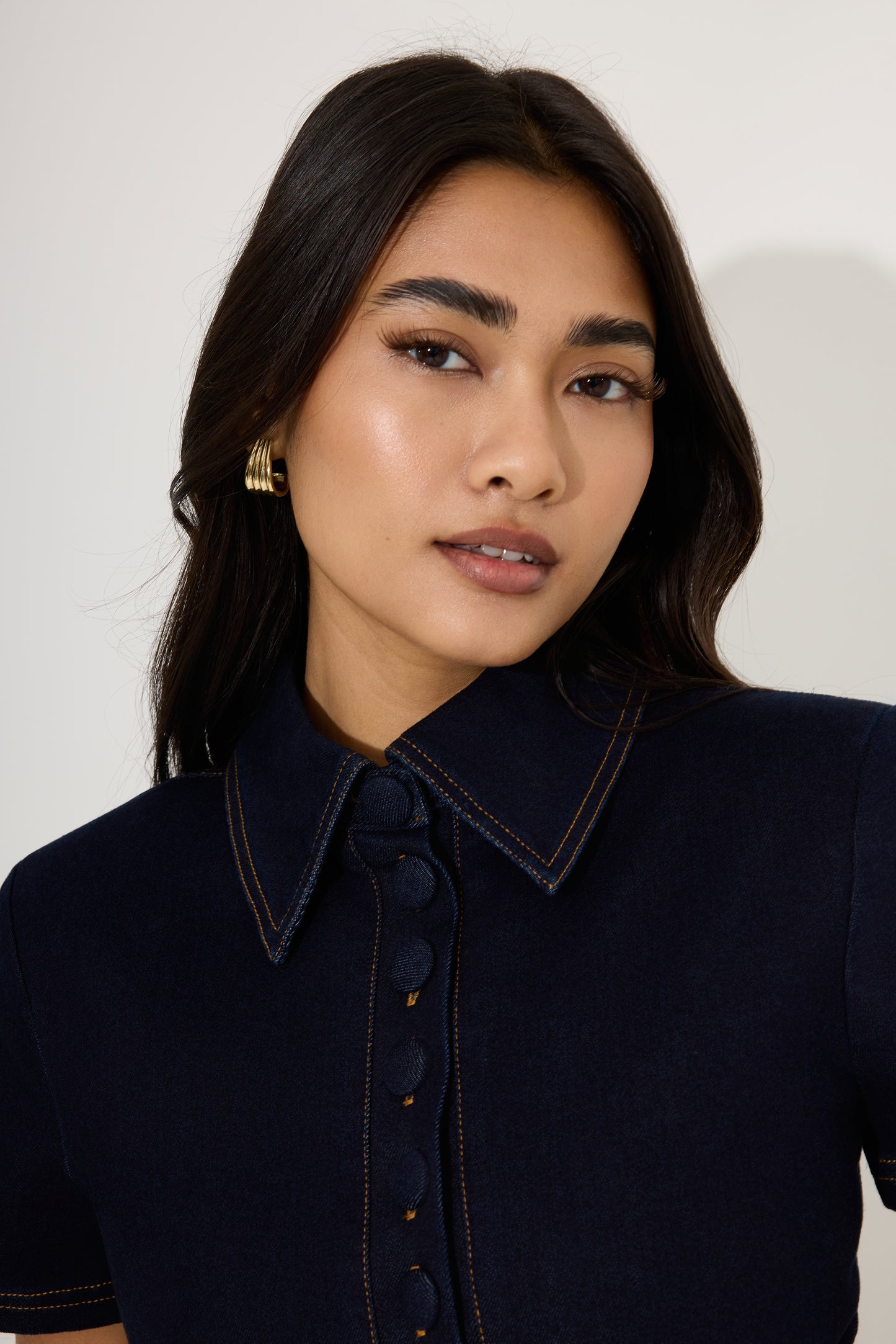 Cotton Mix Denim Collared Midi Dress