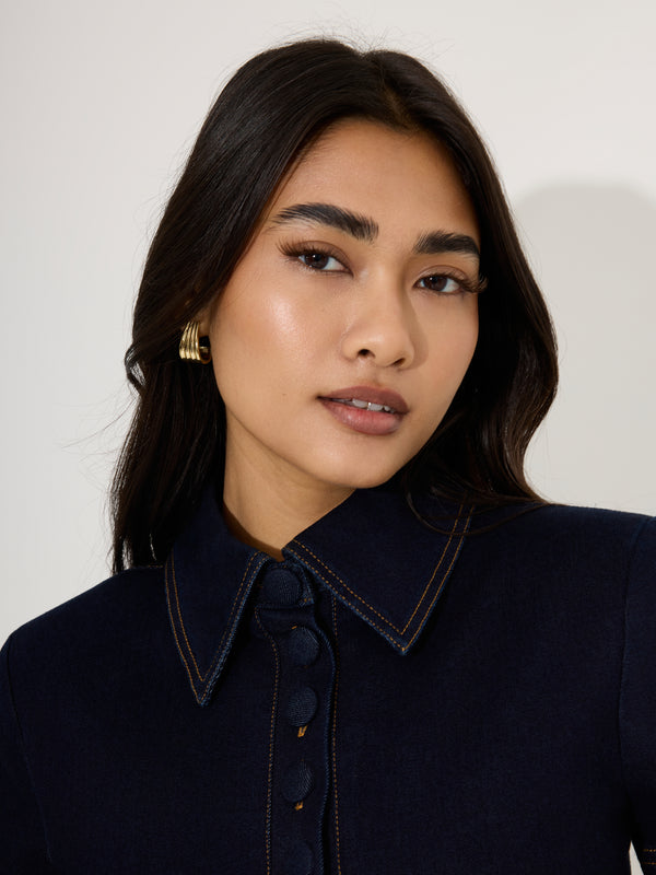Cotton Mix Denim Collared Midi Dress