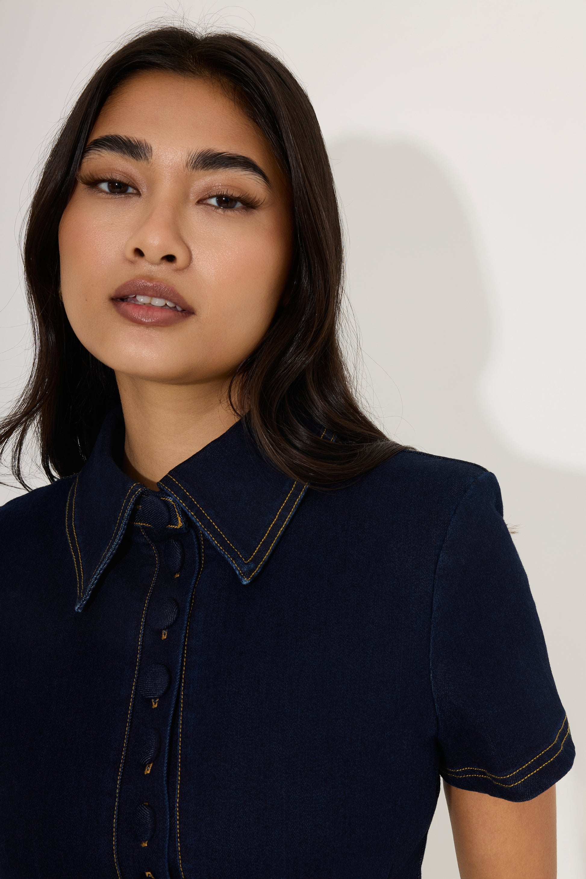 Cotton Mix Denim Collared Mini Dress