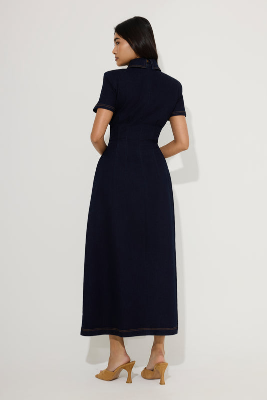 Cotton Mix Denim Collared Midi Dress