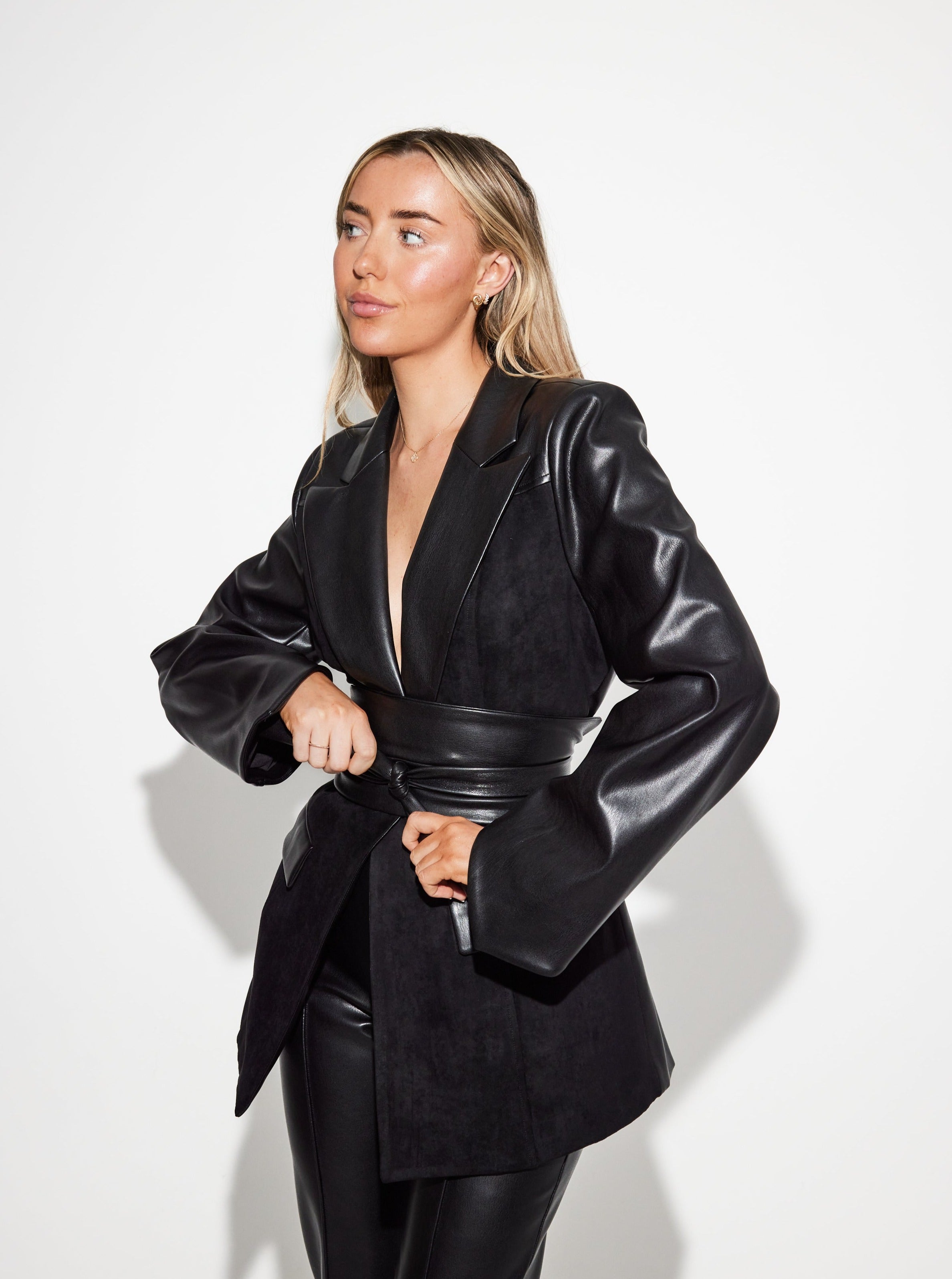 Leather hot sale belted blazer