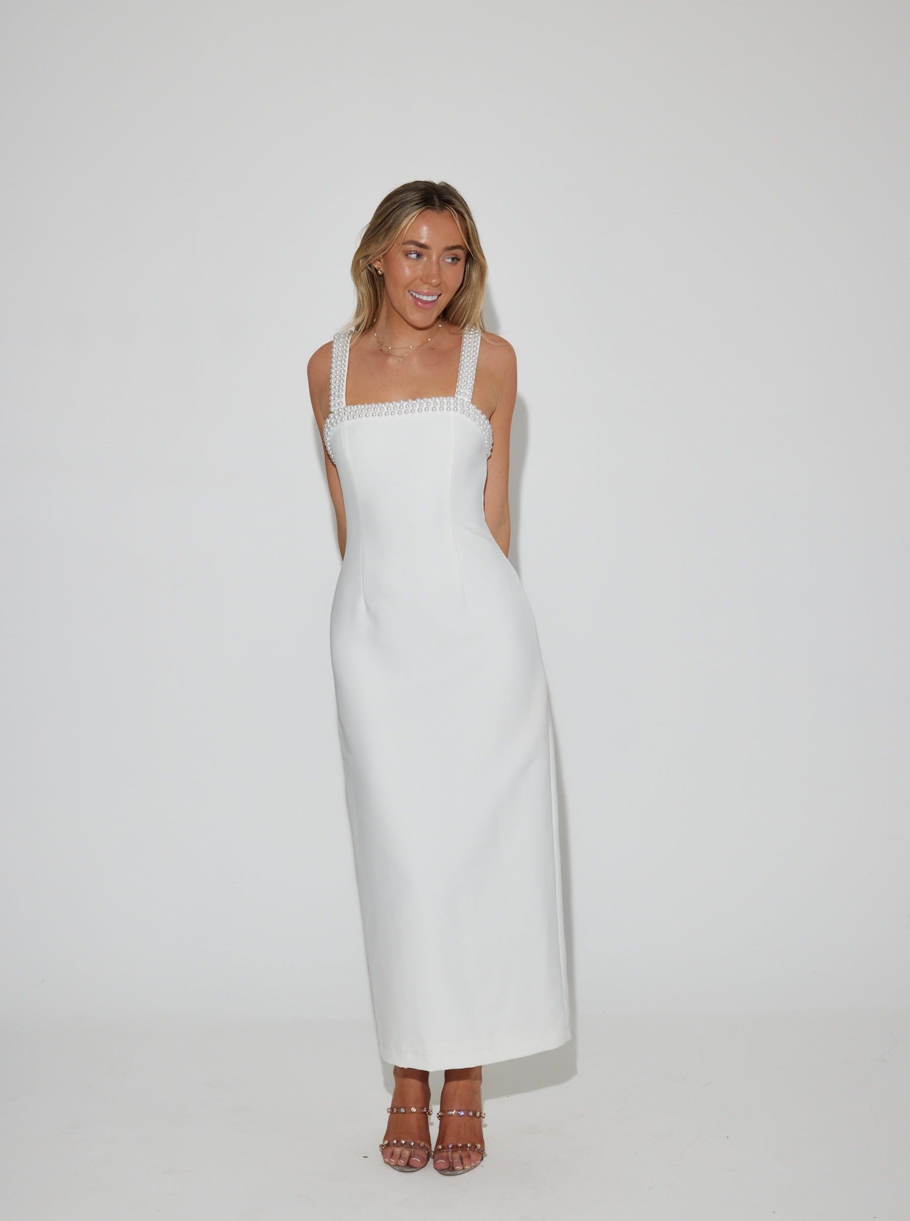 The Ultimate Muse Pearl Trim Midi Dress | White