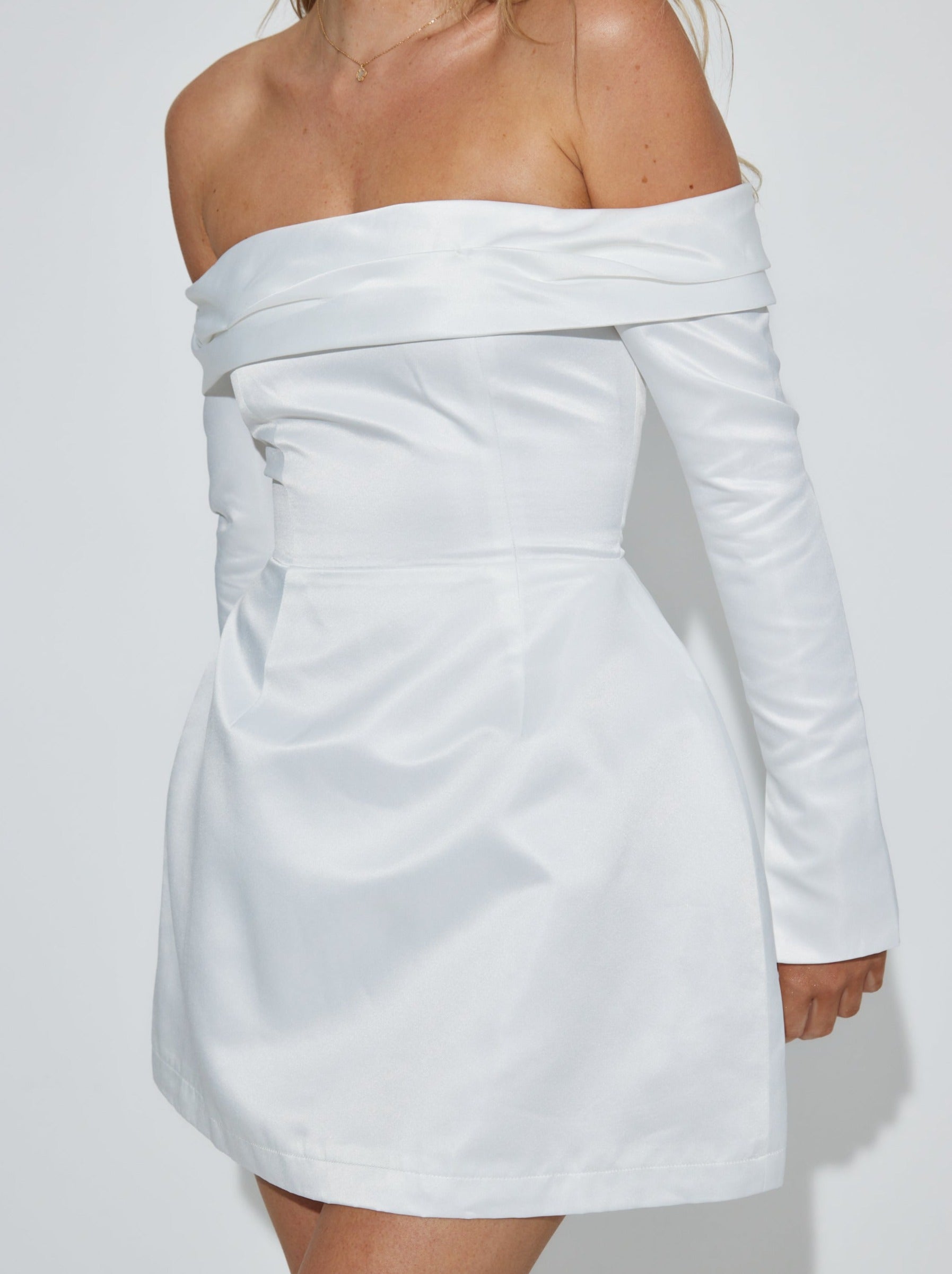 The Ultimate Muse Satin Bardot Mini Dress | White