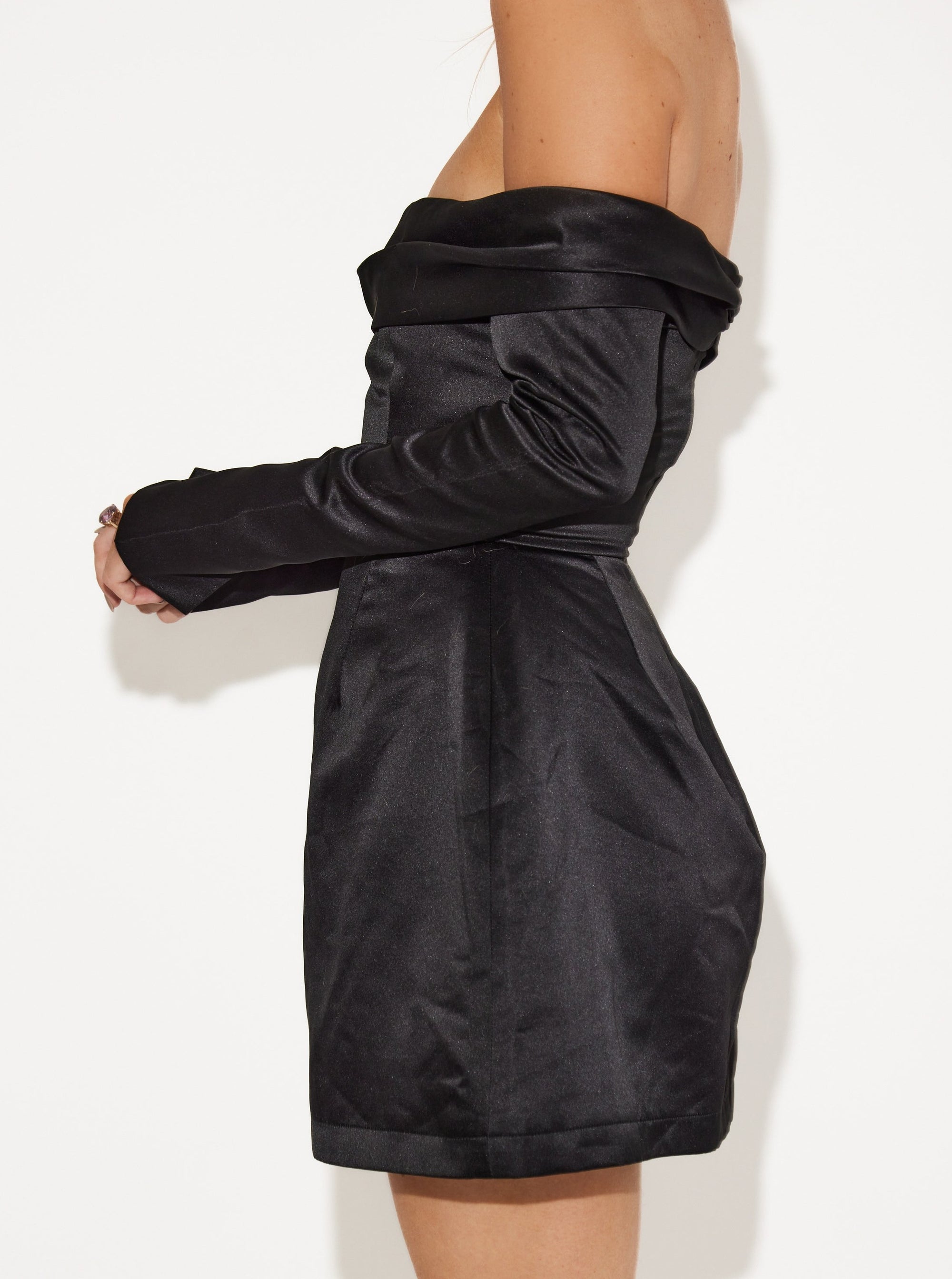 The Ultimate Muse Satin Bardot Mini Dress | Black
