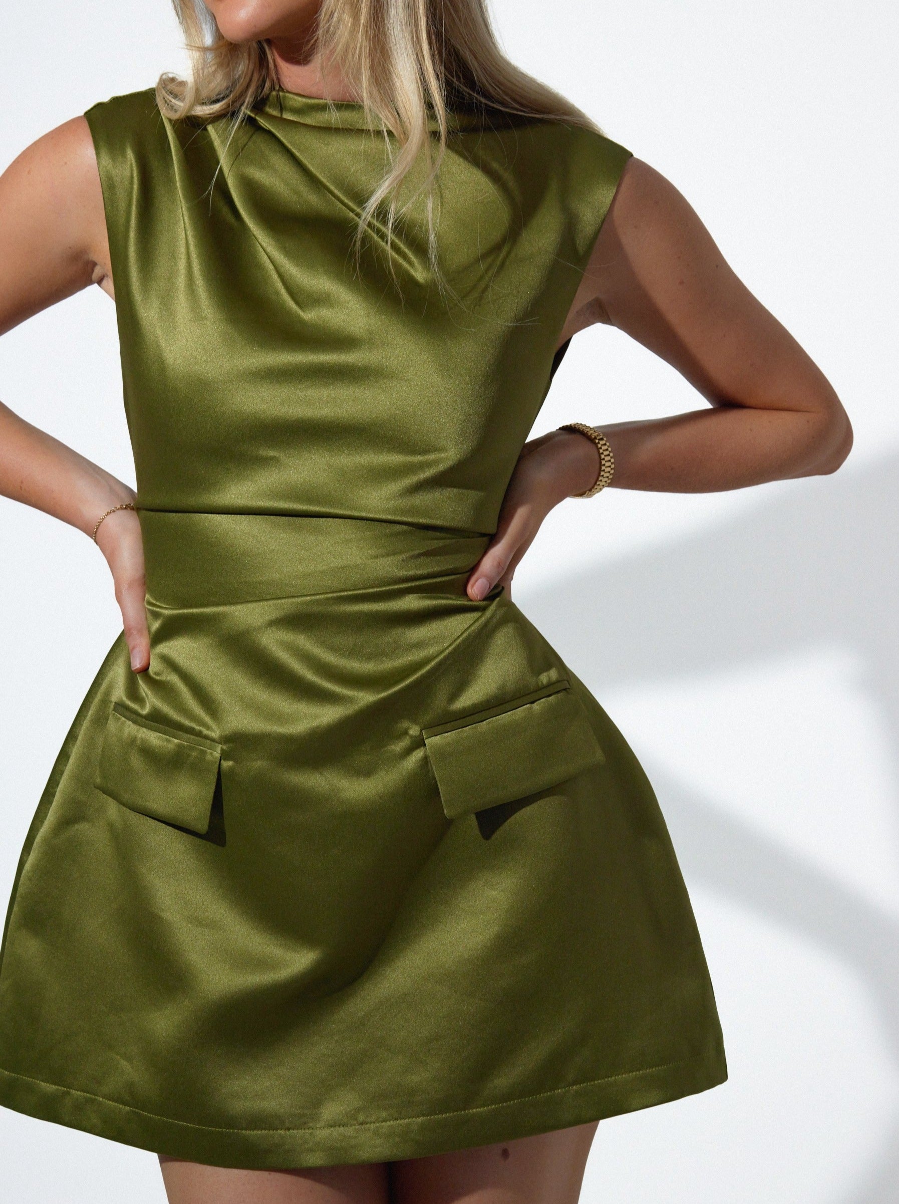 The Ultimate Muse Satin Straight Neck Mini Dress | Olive