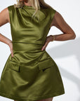 The Ultimate Muse Satin Straight Neck Mini Dress | Olive
